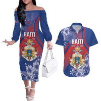 Personalised Second Empire of Haiti Couples Matching Off The Shoulder Long Sleeve Dress and Hawaiian Shirt Imperial Coat Of Arms 1849-1859 Tropical Flowers