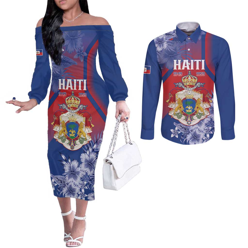 Personalised Second Empire of Haiti Couples Matching Off The Shoulder Long Sleeve Dress and Long Sleeve Button Shirt Imperial Coat Of Arms 1849-1859 Tropical Flowers