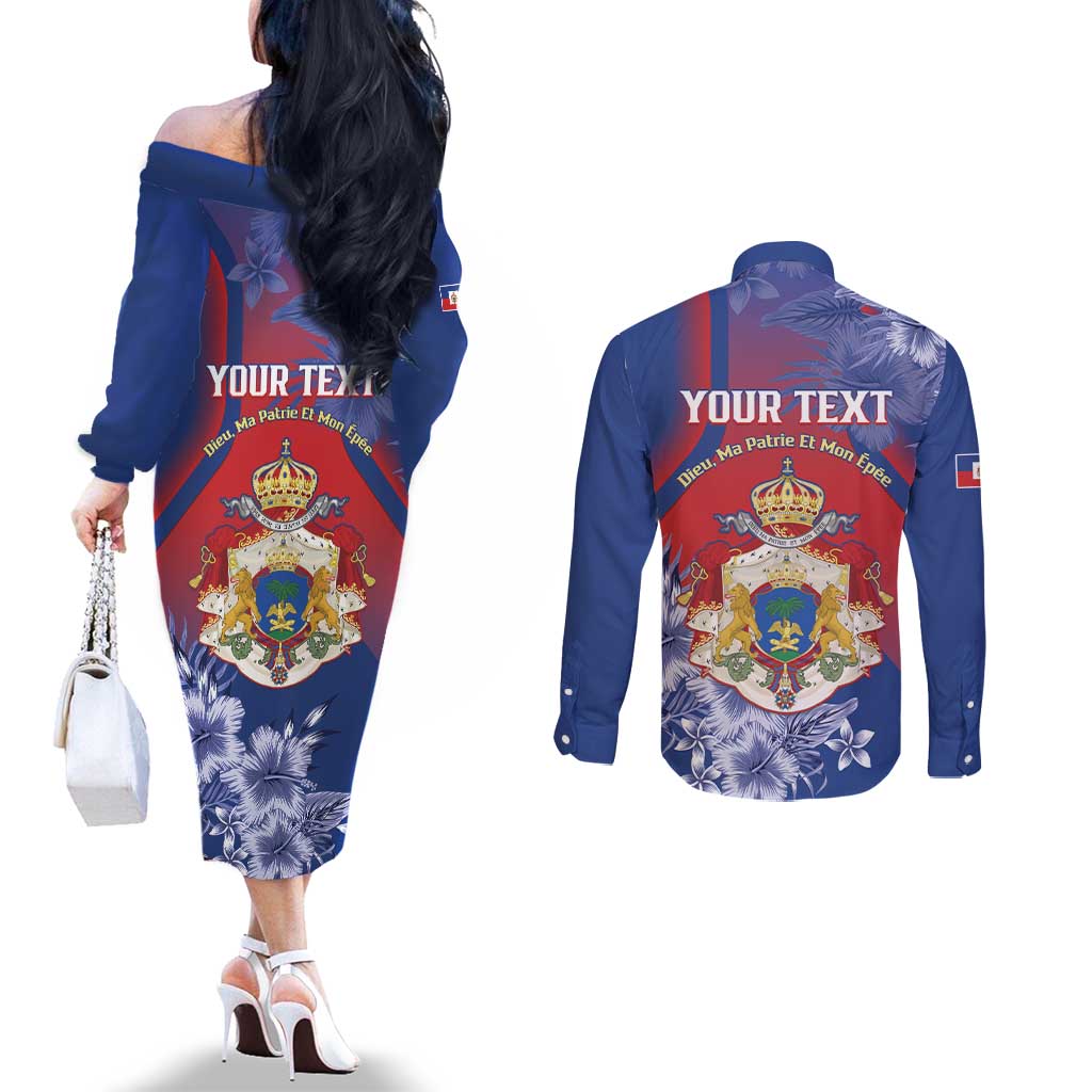 Personalised Second Empire of Haiti Couples Matching Off The Shoulder Long Sleeve Dress and Long Sleeve Button Shirt Imperial Coat Of Arms 1849-1859 Tropical Flowers