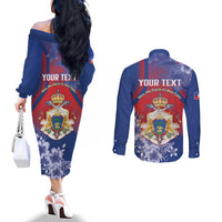Personalised Second Empire of Haiti Couples Matching Off The Shoulder Long Sleeve Dress and Long Sleeve Button Shirt Imperial Coat Of Arms 1849-1859 Tropical Flowers