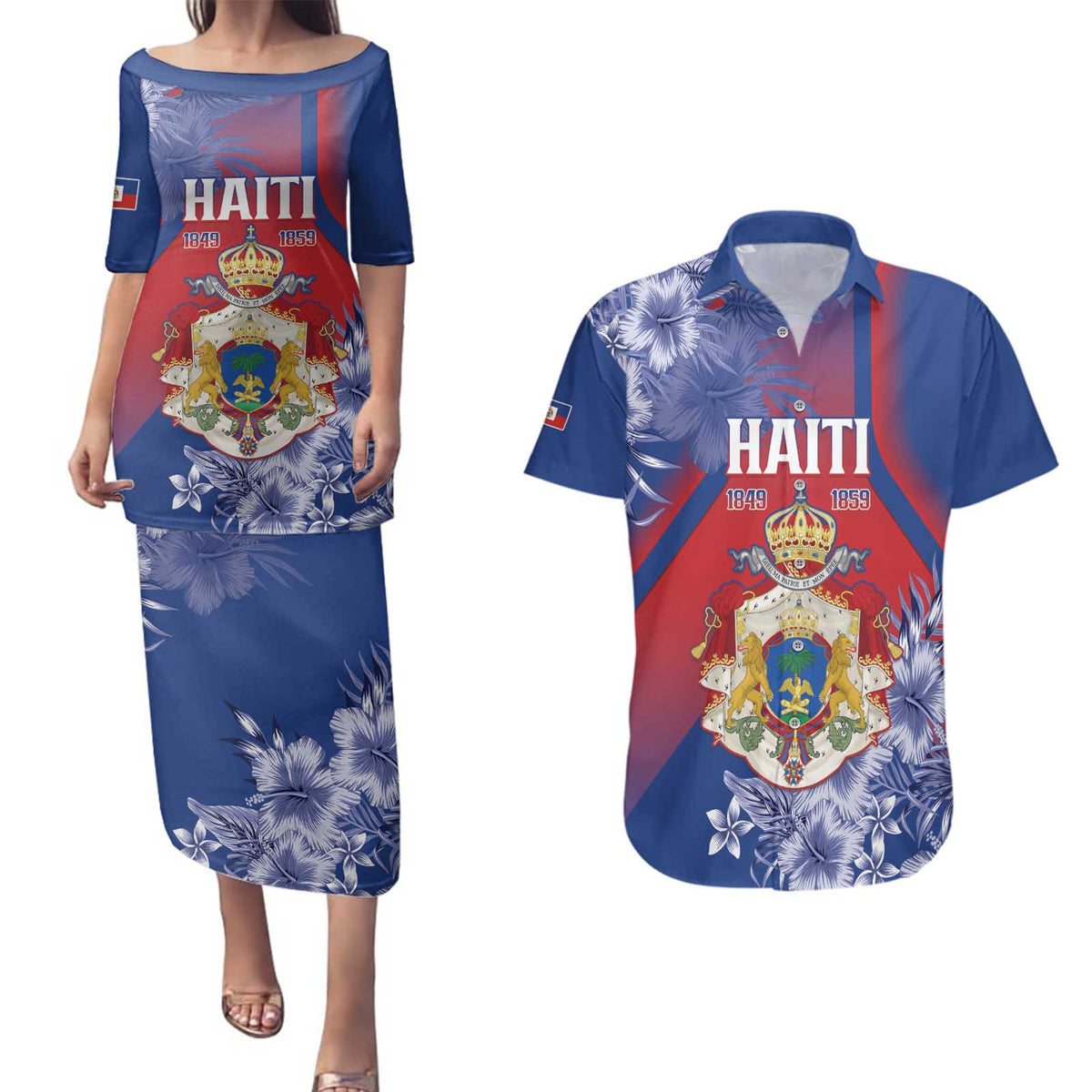 Personalised Second Empire of Haiti Couples Matching Puletasi and Hawaiian Shirt Imperial Coat Of Arms 1849-1859 Tropical Flowers