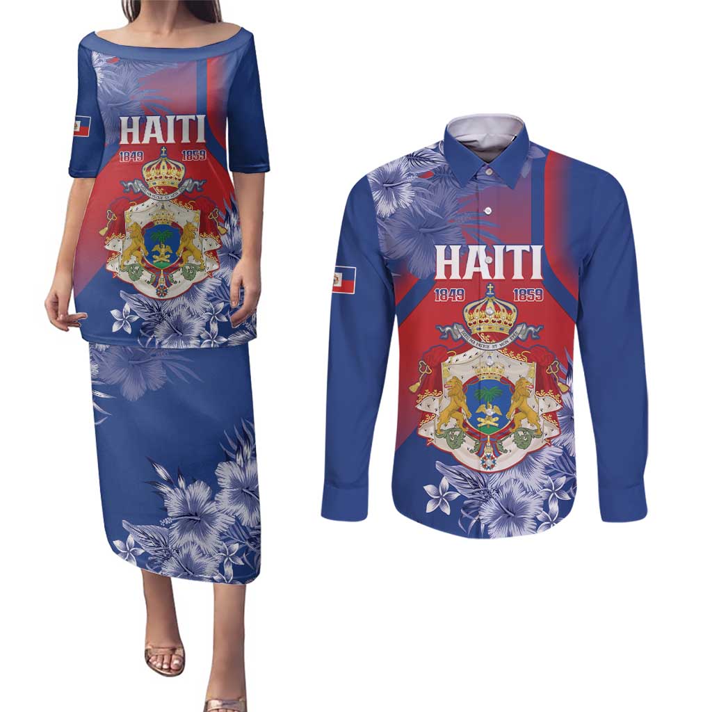 Personalised Second Empire of Haiti Couples Matching Puletasi and Long Sleeve Button Shirt Imperial Coat Of Arms 1849-1859 Tropical Flowers