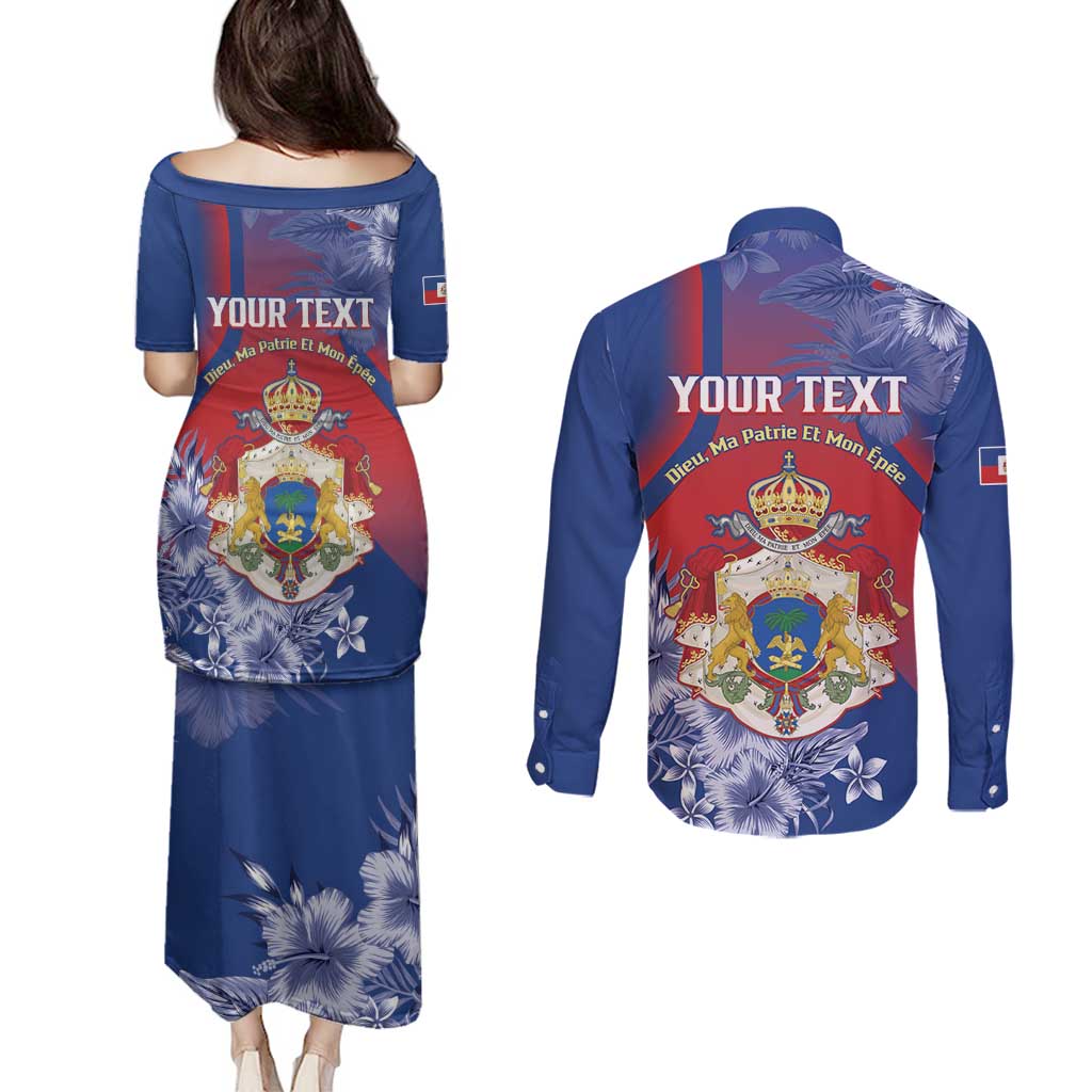 Personalised Second Empire of Haiti Couples Matching Puletasi and Long Sleeve Button Shirt Imperial Coat Of Arms 1849-1859 Tropical Flowers