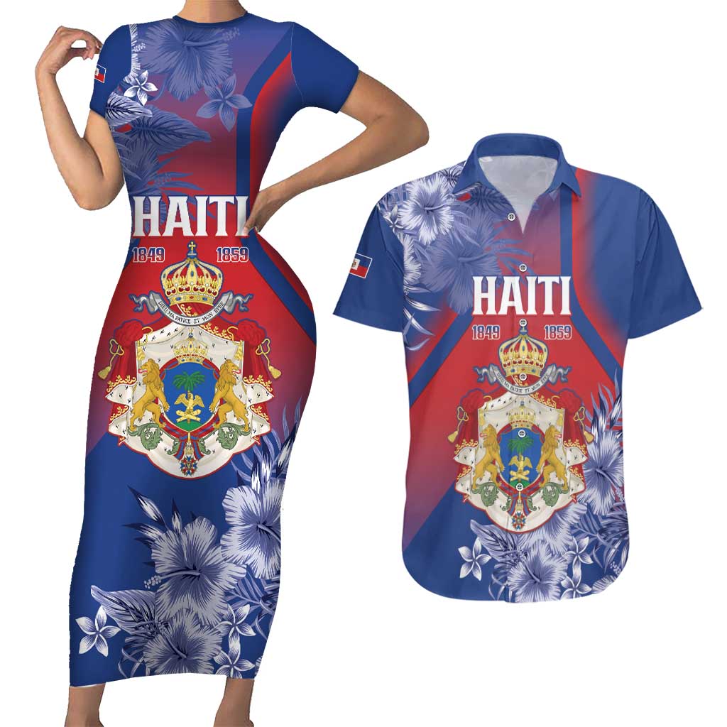 Personalised Second Empire of Haiti Couples Matching Short Sleeve Bodycon Dress and Hawaiian Shirt Imperial Coat Of Arms 1849-1859 Tropical Flowers