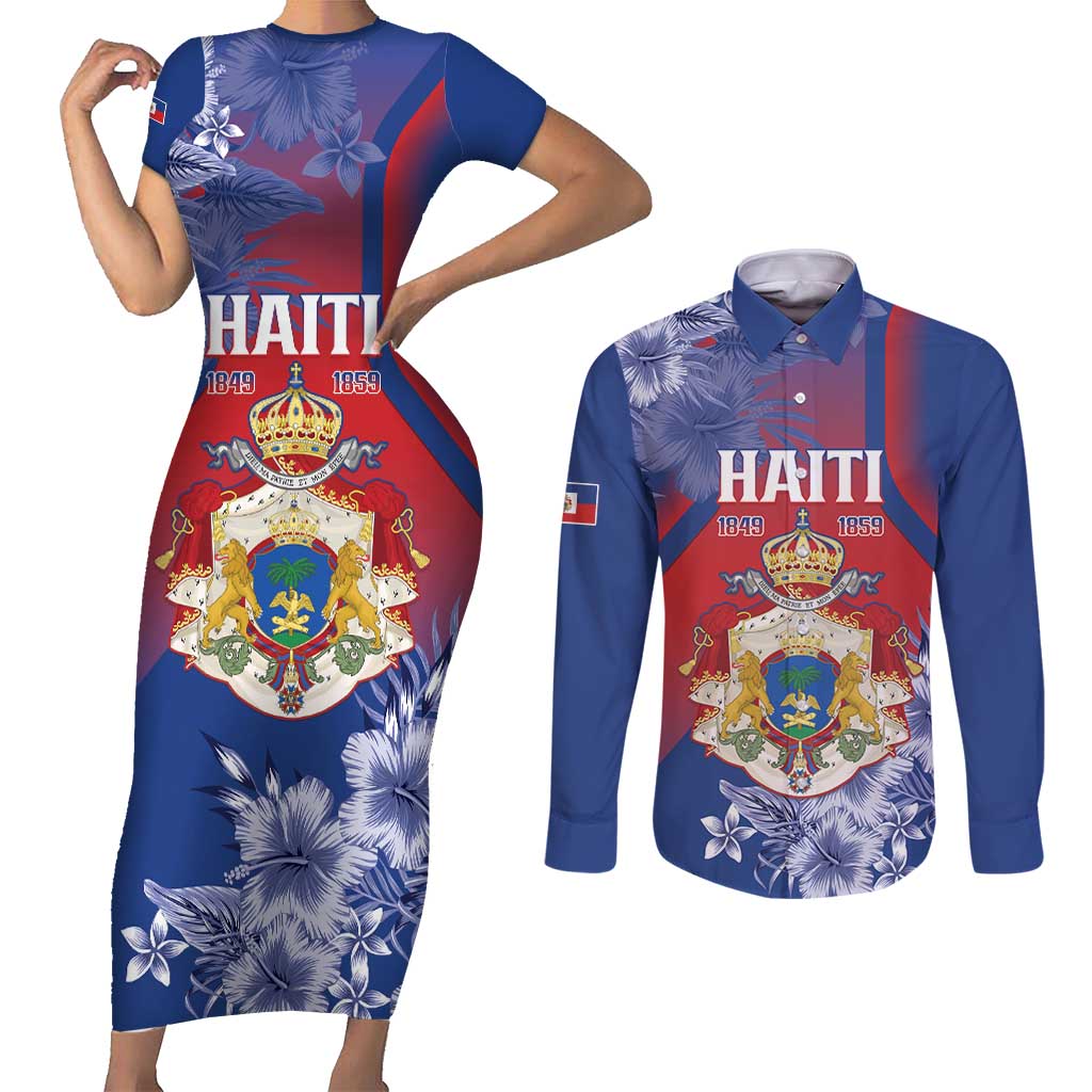 Personalised Second Empire of Haiti Couples Matching Short Sleeve Bodycon Dress and Long Sleeve Button Shirt Imperial Coat Of Arms 1849-1859 Tropical Flowers