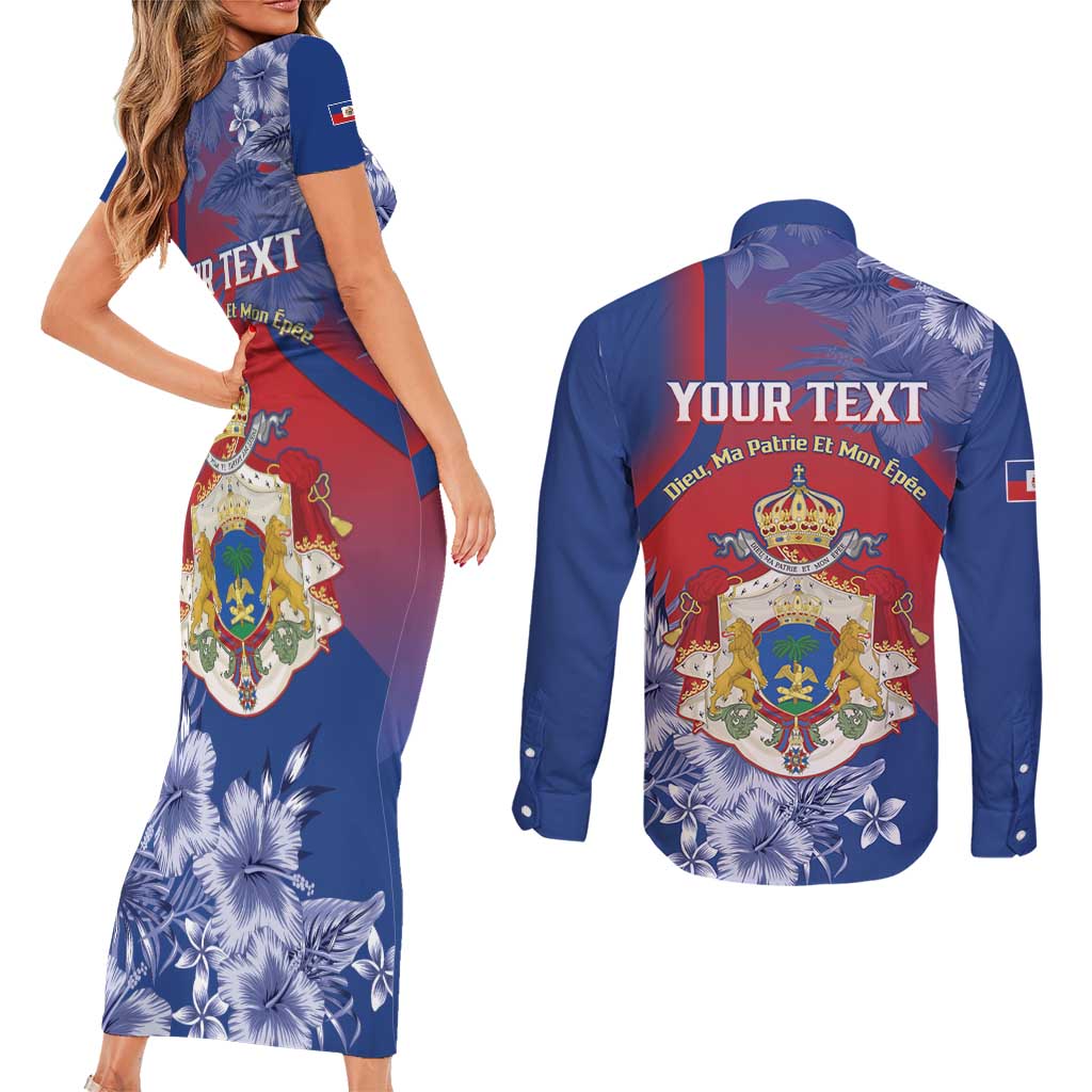 Personalised Second Empire of Haiti Couples Matching Short Sleeve Bodycon Dress and Long Sleeve Button Shirt Imperial Coat Of Arms 1849-1859 Tropical Flowers