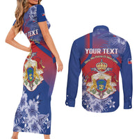 Personalised Second Empire of Haiti Couples Matching Short Sleeve Bodycon Dress and Long Sleeve Button Shirt Imperial Coat Of Arms 1849-1859 Tropical Flowers