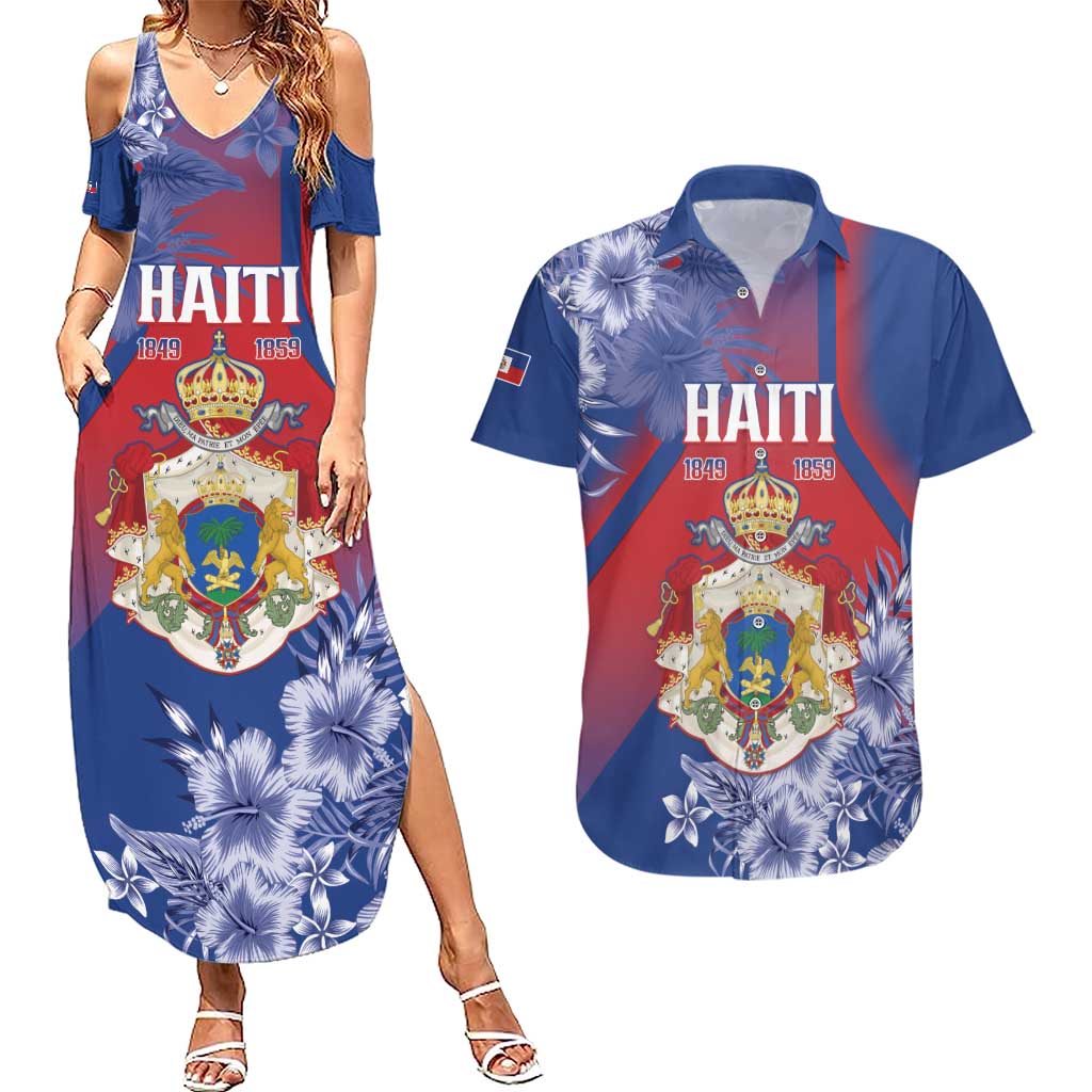 Personalised Second Empire of Haiti Couples Matching Summer Maxi Dress and Hawaiian Shirt Imperial Coat Of Arms 1849-1859 Tropical Flowers