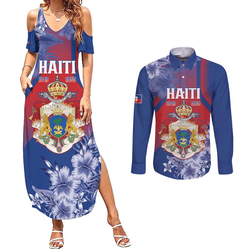 Personalised Second Empire of Haiti Couples Matching Summer Maxi Dress and Long Sleeve Button Shirt Imperial Coat Of Arms 1849-1859 Tropical Flowers