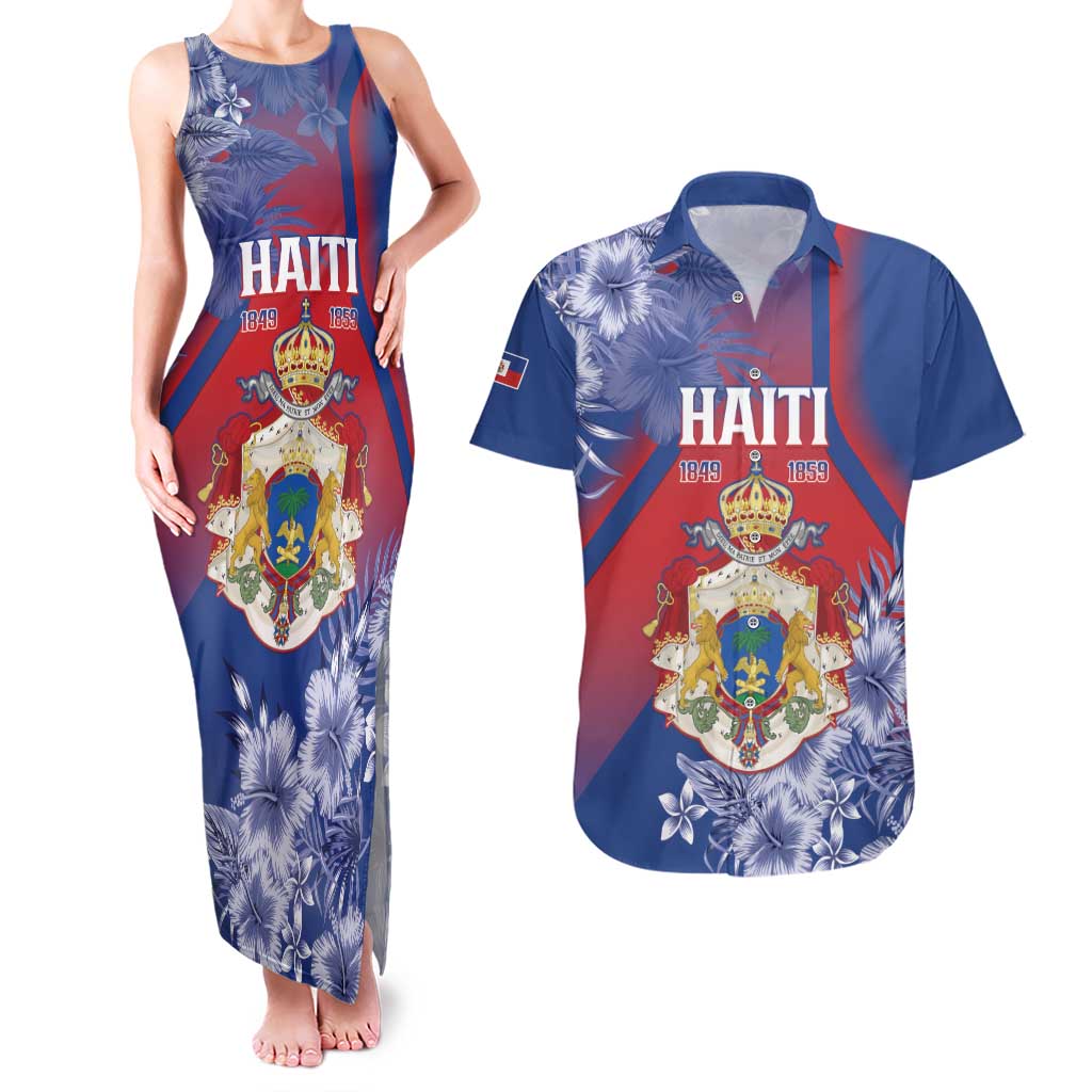 Personalised Second Empire of Haiti Couples Matching Tank Maxi Dress and Hawaiian Shirt Imperial Coat Of Arms 1849-1859 Tropical Flowers