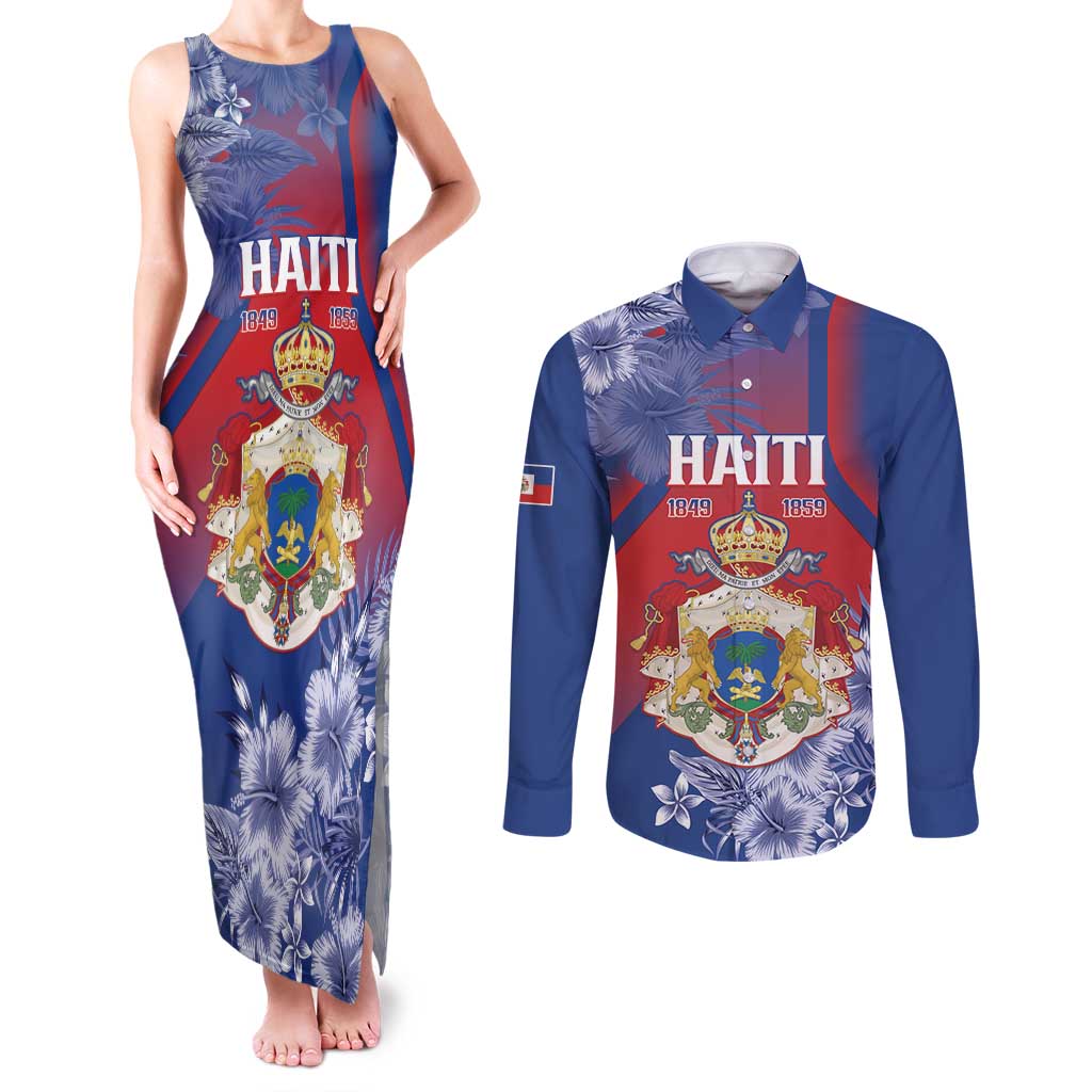 Personalised Second Empire of Haiti Couples Matching Tank Maxi Dress and Long Sleeve Button Shirt Imperial Coat Of Arms 1849-1859 Tropical Flowers