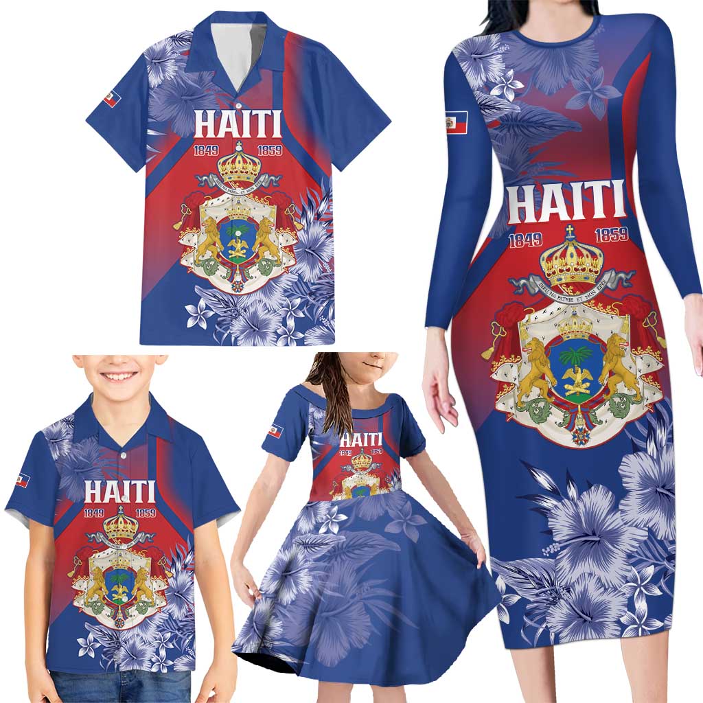 Personalised Second Empire of Haiti Family Matching Long Sleeve Bodycon Dress and Hawaiian Shirt Imperial Coat Of Arms 1849-1859 Tropical Flowers
