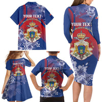 Personalised Second Empire of Haiti Family Matching Long Sleeve Bodycon Dress and Hawaiian Shirt Imperial Coat Of Arms 1849-1859 Tropical Flowers