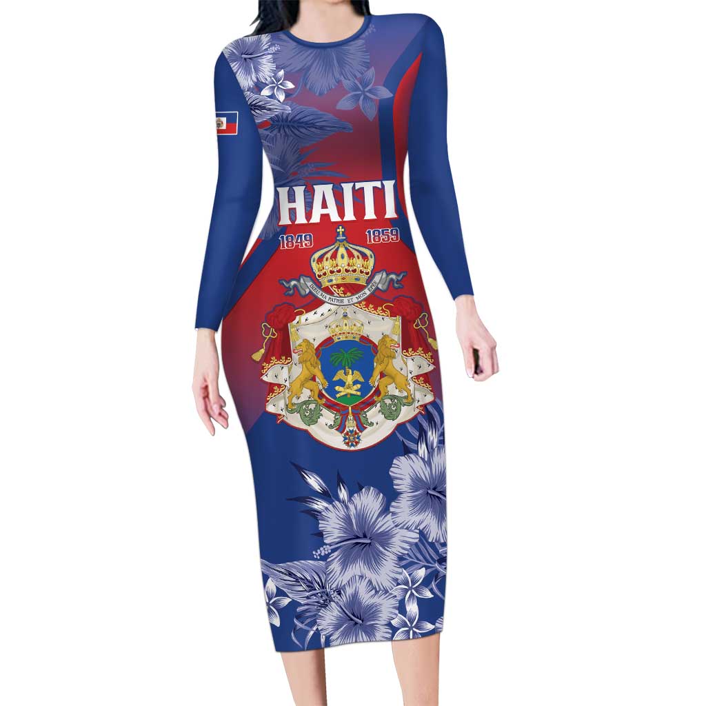 Personalised Second Empire of Haiti Family Matching Long Sleeve Bodycon Dress and Hawaiian Shirt Imperial Coat Of Arms 1849-1859 Tropical Flowers