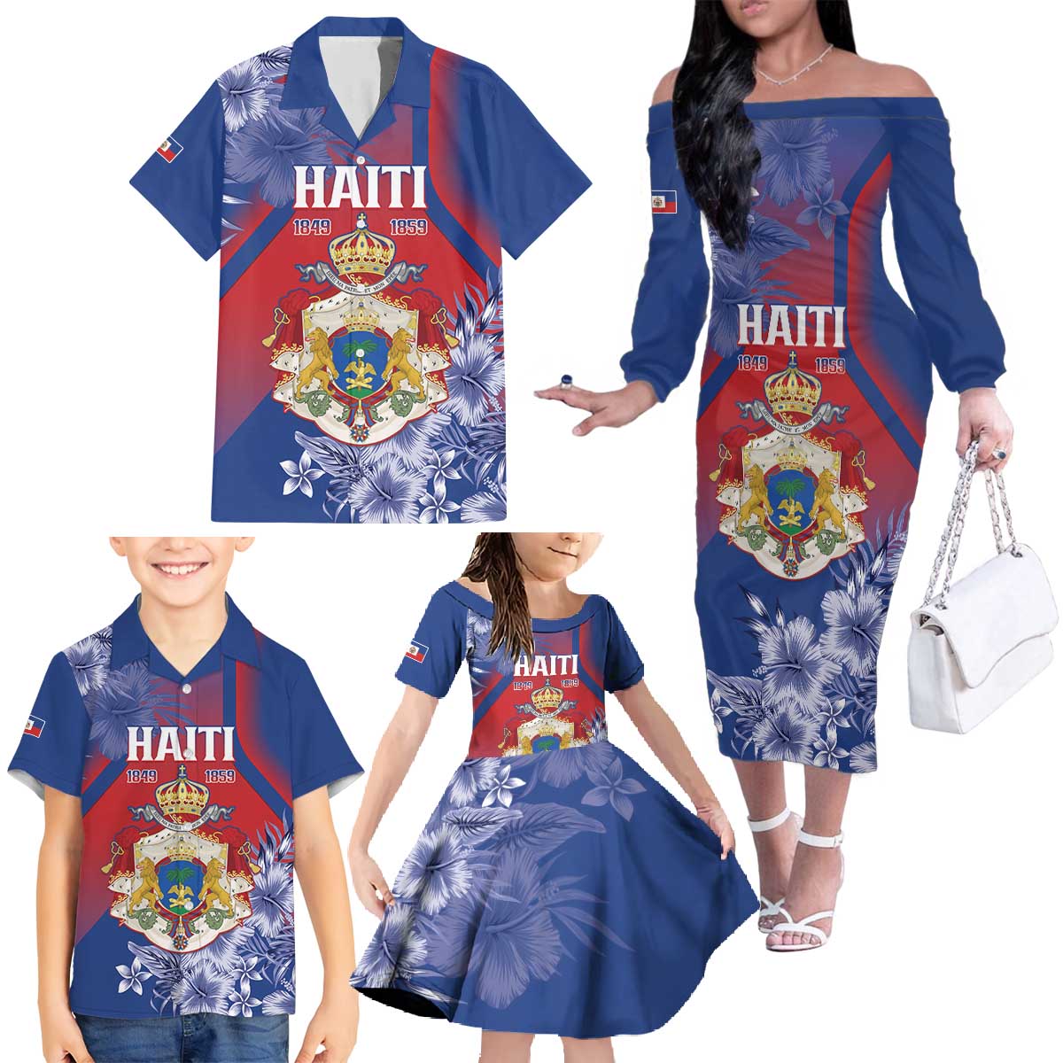 Personalised Second Empire of Haiti Family Matching Off The Shoulder Long Sleeve Dress and Hawaiian Shirt Imperial Coat Of Arms 1849-1859 Tropical Flowers