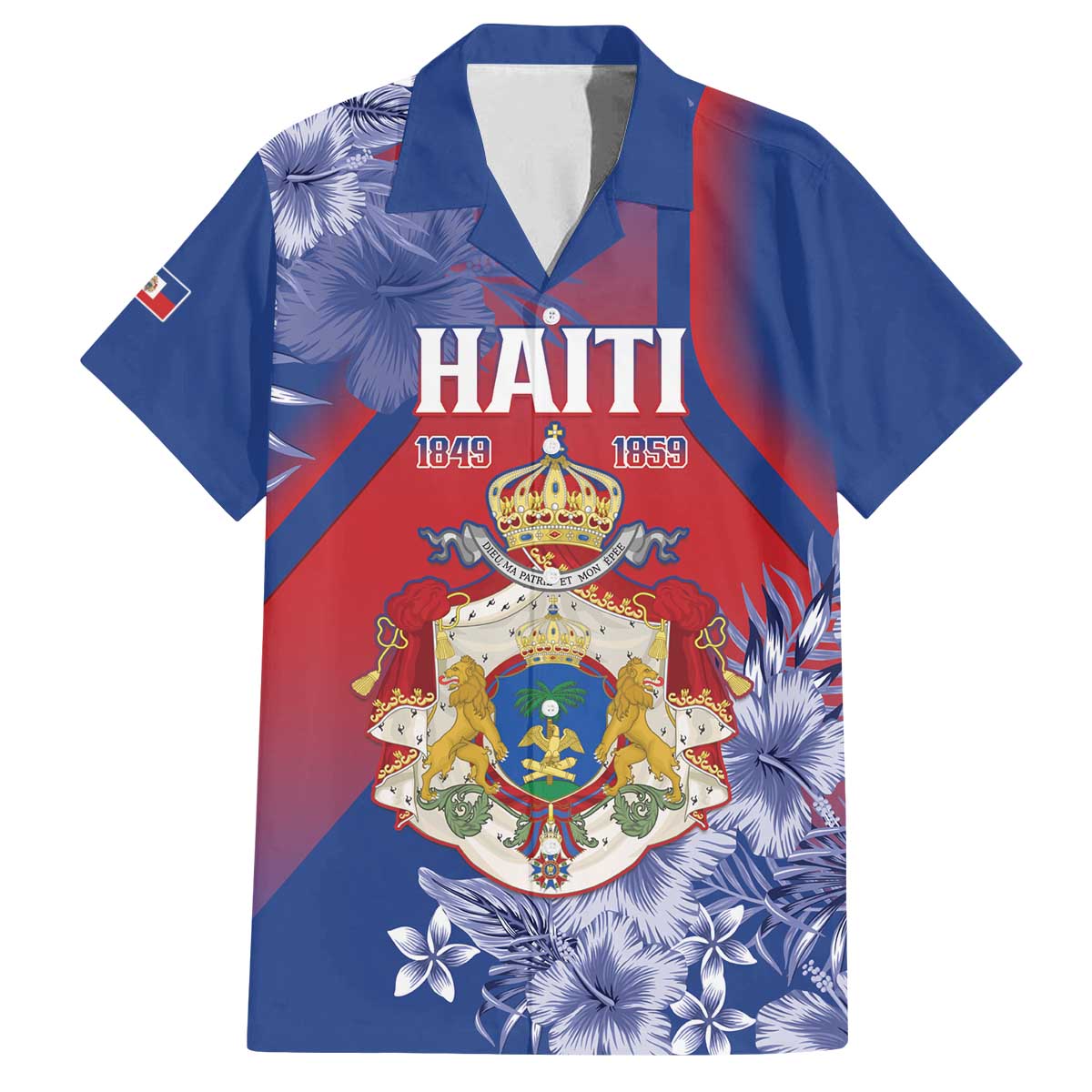 Personalised Second Empire of Haiti Family Matching Off The Shoulder Long Sleeve Dress and Hawaiian Shirt Imperial Coat Of Arms 1849-1859 Tropical Flowers