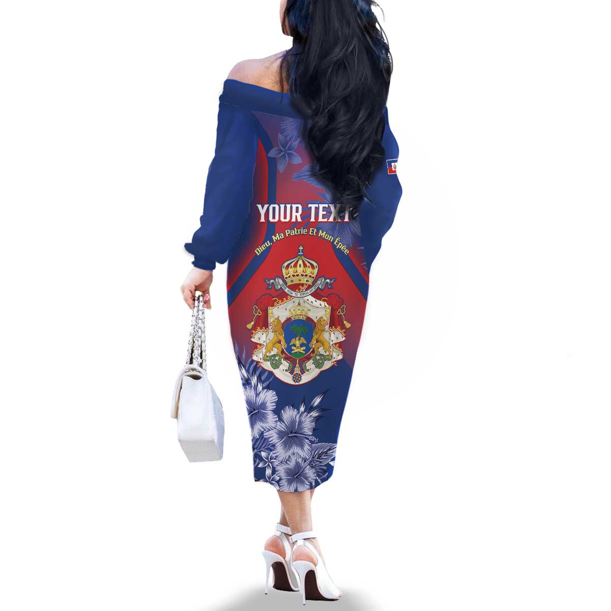 Personalised Second Empire of Haiti Family Matching Off The Shoulder Long Sleeve Dress and Hawaiian Shirt Imperial Coat Of Arms 1849-1859 Tropical Flowers