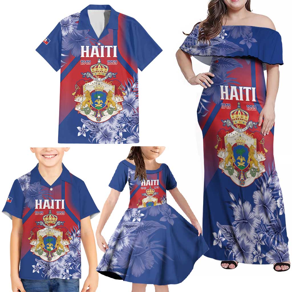 Personalised Second Empire of Haiti Family Matching Off Shoulder Maxi Dress and Hawaiian Shirt Imperial Coat Of Arms 1849-1859 Tropical Flowers