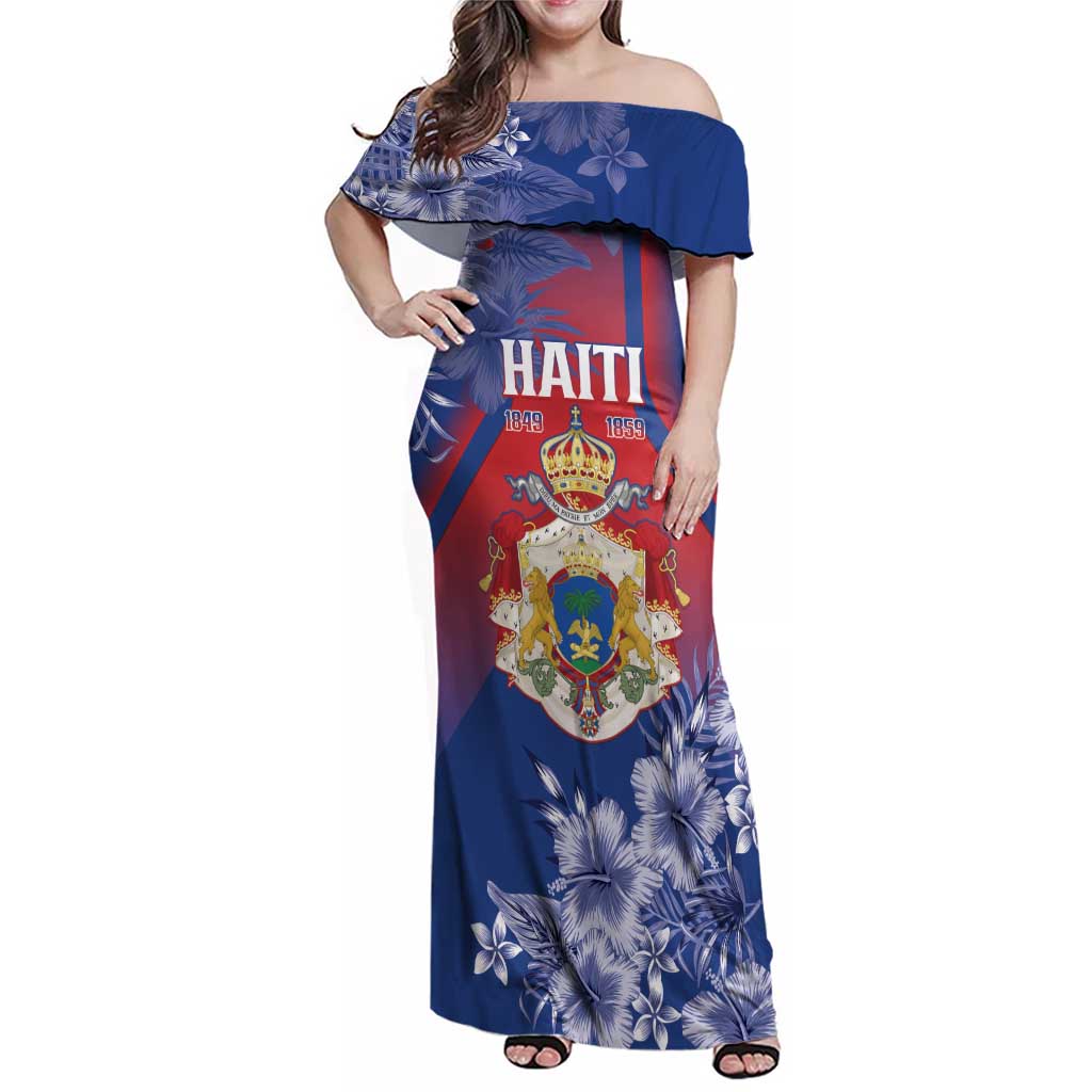 Personalised Second Empire of Haiti Family Matching Off Shoulder Maxi Dress and Hawaiian Shirt Imperial Coat Of Arms 1849-1859 Tropical Flowers