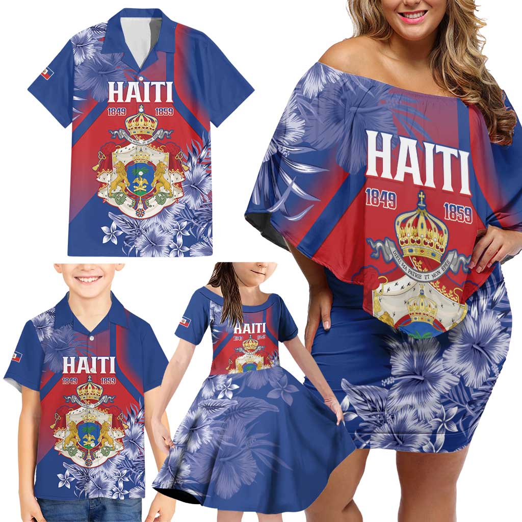 Personalised Second Empire of Haiti Family Matching Off Shoulder Short Dress and Hawaiian Shirt Imperial Coat Of Arms 1849-1859 Tropical Flowers