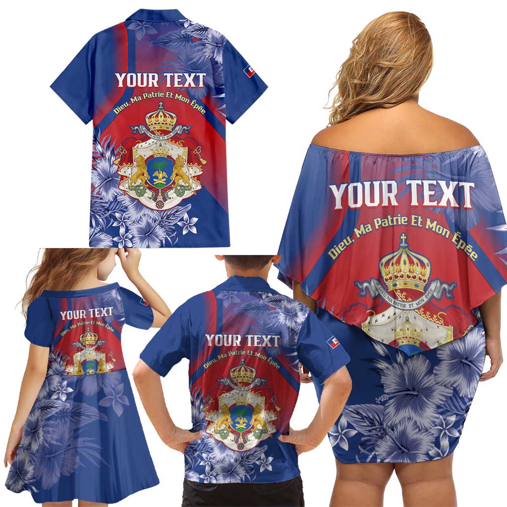 Personalised Second Empire of Haiti Family Matching Off Shoulder Short Dress and Hawaiian Shirt Imperial Coat Of Arms 1849-1859 Tropical Flowers