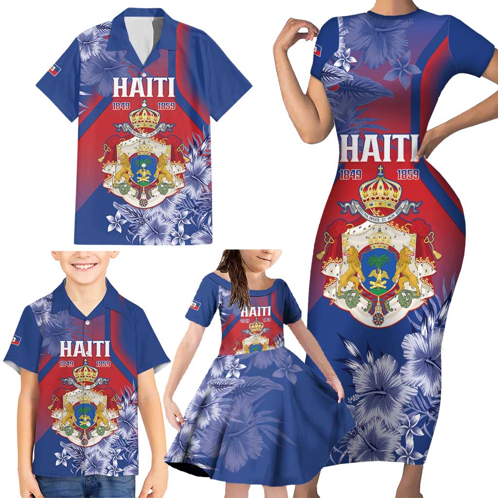Personalised Second Empire of Haiti Family Matching Short Sleeve Bodycon Dress and Hawaiian Shirt Imperial Coat Of Arms 1849-1859 Tropical Flowers