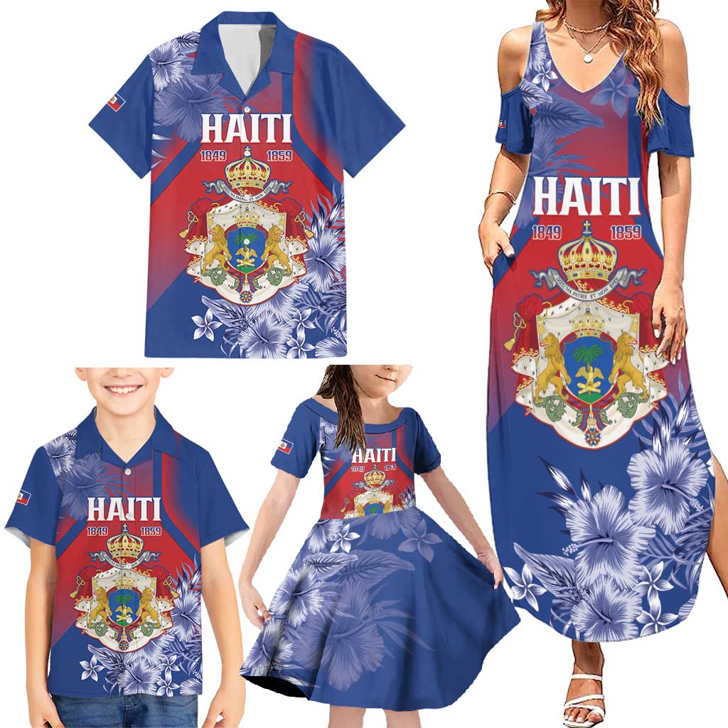 Personalised Second Empire of Haiti Family Matching Summer Maxi Dress and Hawaiian Shirt Imperial Coat Of Arms 1849-1859 Tropical Flowers