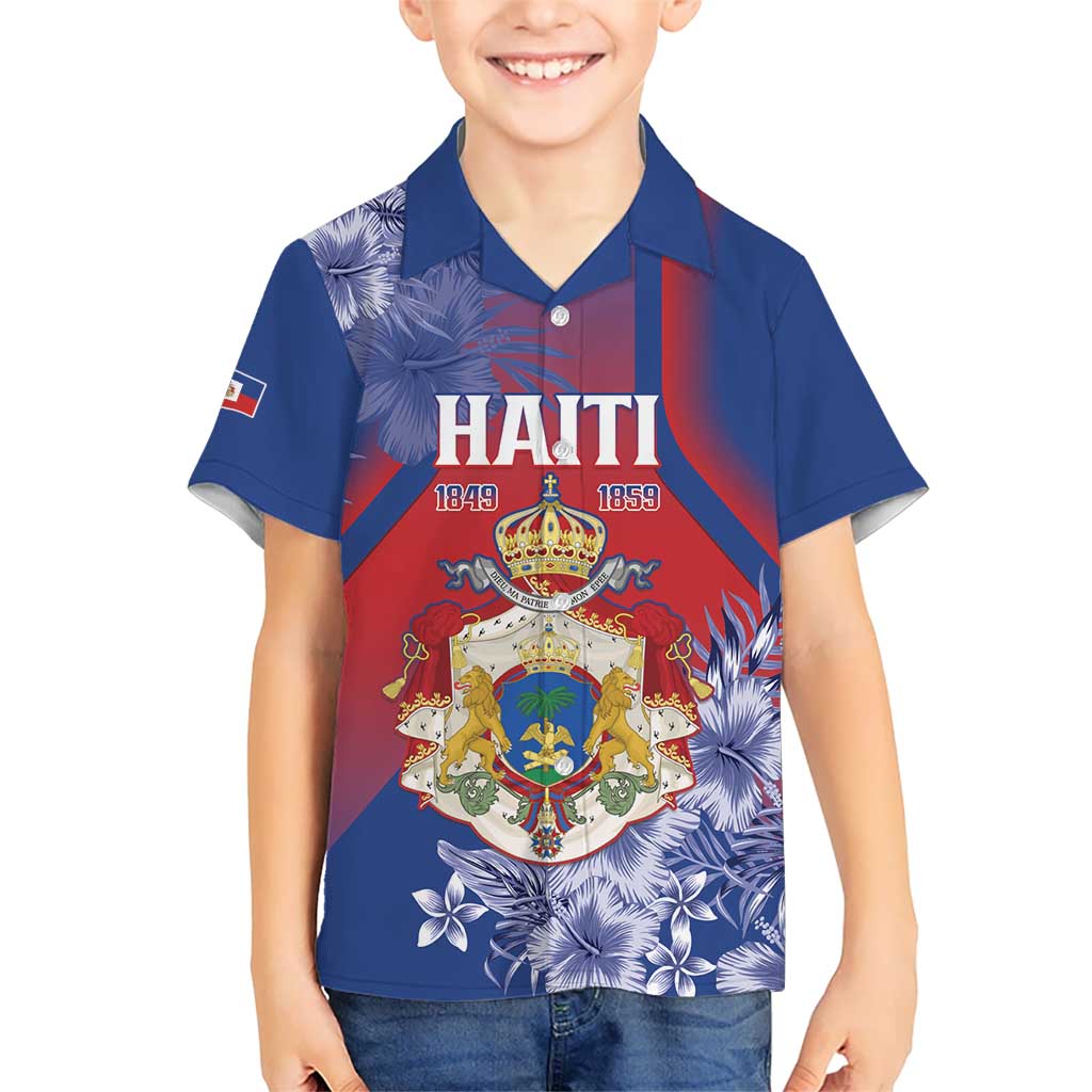 Personalised Second Empire of Haiti Kid Hawaiian Shirt Imperial Coat Of Arms 1849-1859 Tropical Flowers