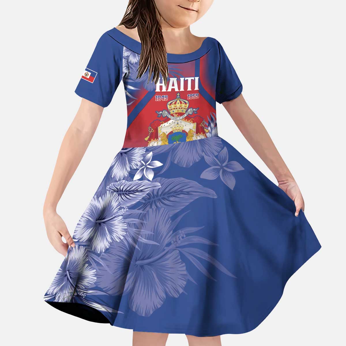 Personalised Second Empire of Haiti Kid Short Sleeve Dress Imperial Coat Of Arms 1849-1859 Tropical Flowers