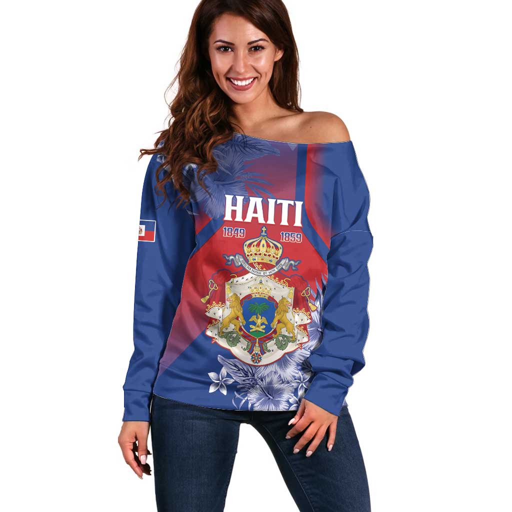 Personalised Second Empire of Haiti Off Shoulder Sweater Imperial Coat Of Arms 1849-1859 Tropical Flowers