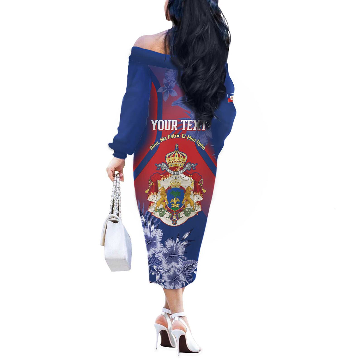 Personalised Second Empire of Haiti Off The Shoulder Long Sleeve Dress Imperial Coat Of Arms 1849-1859 Tropical Flowers