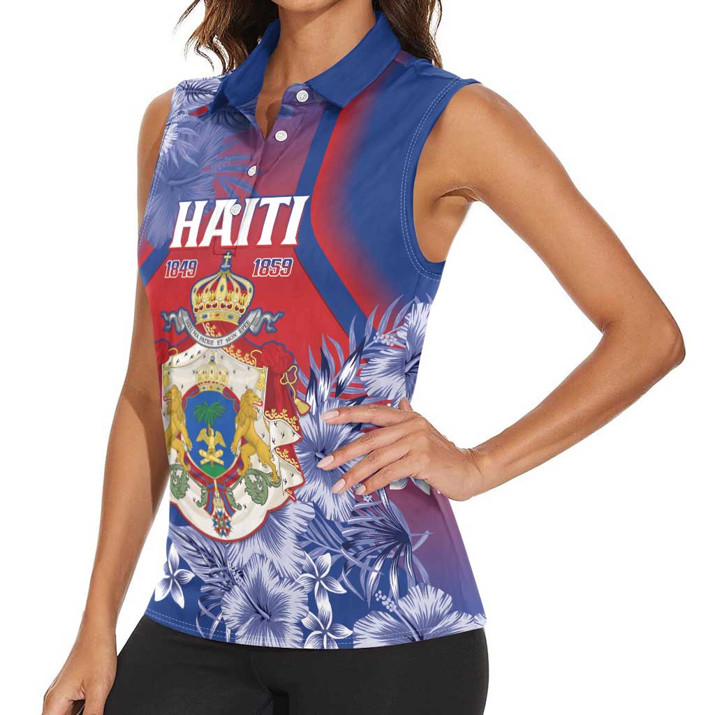 Personalised Second Empire of Haiti Women Sleeveless Polo Shirt Imperial Coat Of Arms 1849-1859 Tropical Flowers