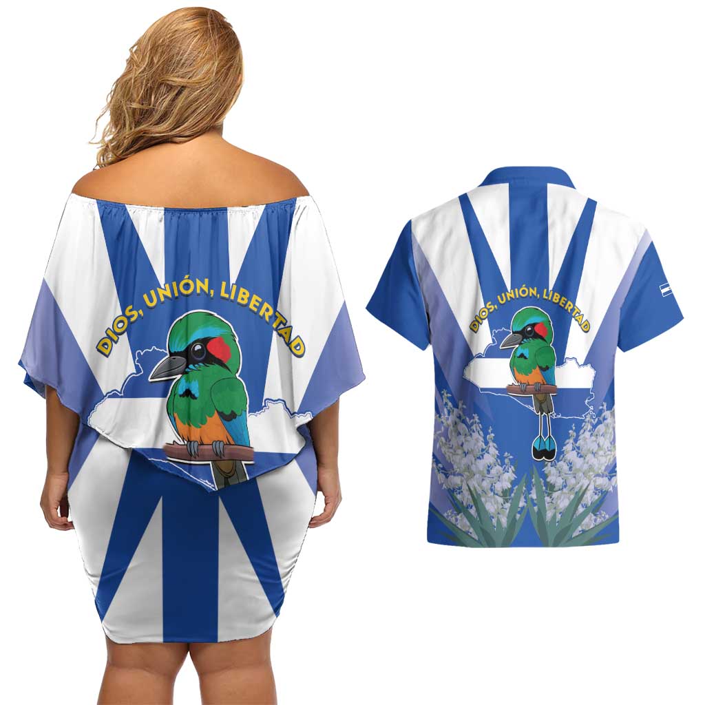 El Salvador Couples Matching Off Shoulder Short Dress and Hawaiian Shirt Turquoise-Browed Motmot With Coat Of Arms - Wonder Print Shop