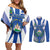 El Salvador Couples Matching Off Shoulder Short Dress and Long Sleeve Button Shirt Turquoise-Browed Motmot With Coat Of Arms - Wonder Print Shop