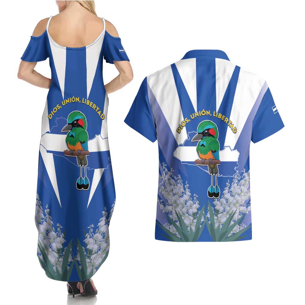 El Salvador Couples Matching Summer Maxi Dress and Hawaiian Shirt Turquoise-Browed Motmot With Coat Of Arms - Wonder Print Shop