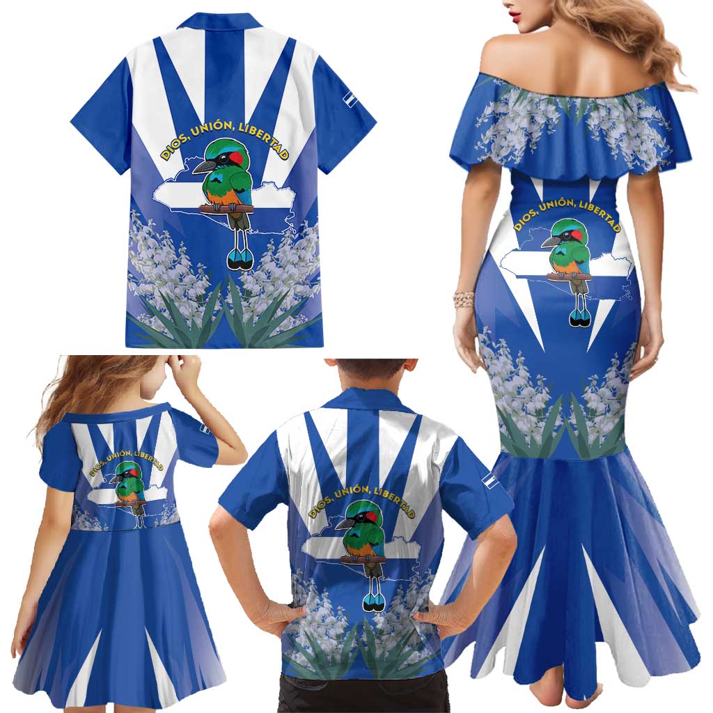 El Salvador Family Matching Mermaid Dress and Hawaiian Shirt Turquoise-Browed Motmot With Coat Of Arms - Wonder Print Shop