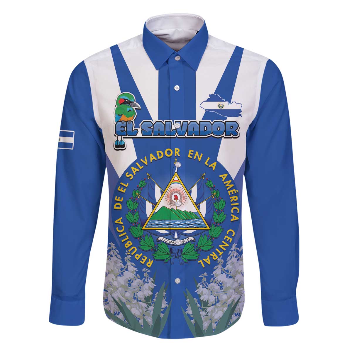 El Salvador Family Matching Off The Shoulder Long Sleeve Dress and Hawaiian Shirt Turquoise-Browed Motmot With Coat Of Arms - Wonder Print Shop