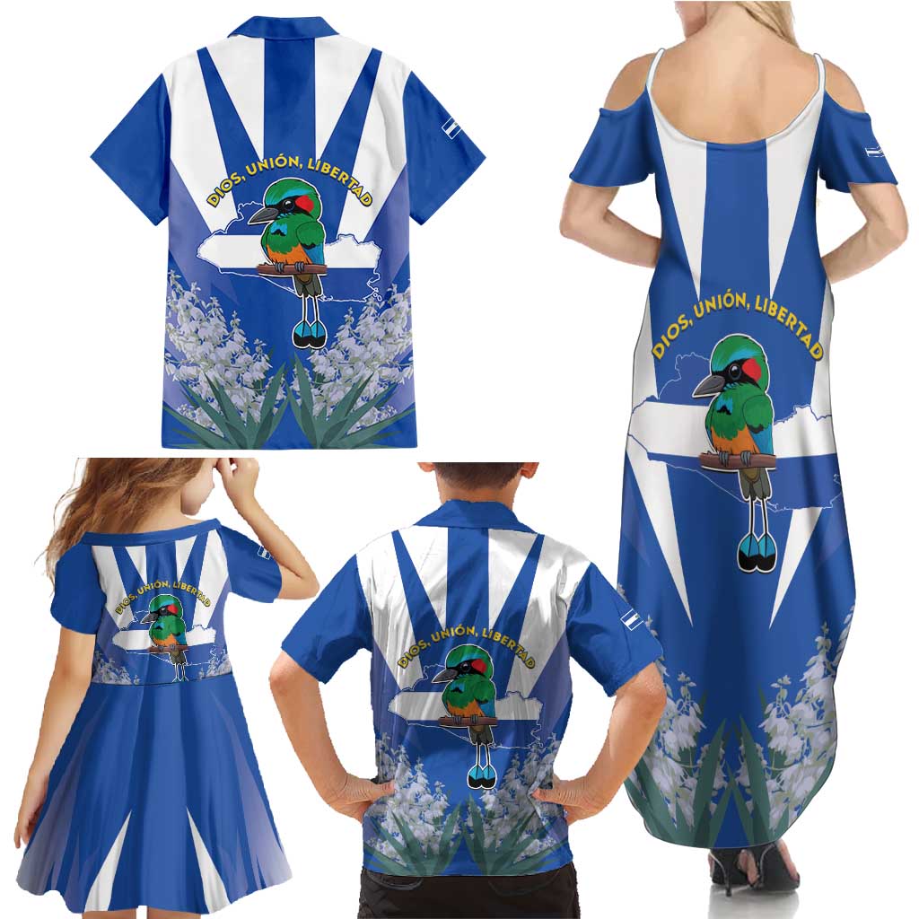 El Salvador Family Matching Summer Maxi Dress and Hawaiian Shirt Turquoise-Browed Motmot With Coat Of Arms - Wonder Print Shop