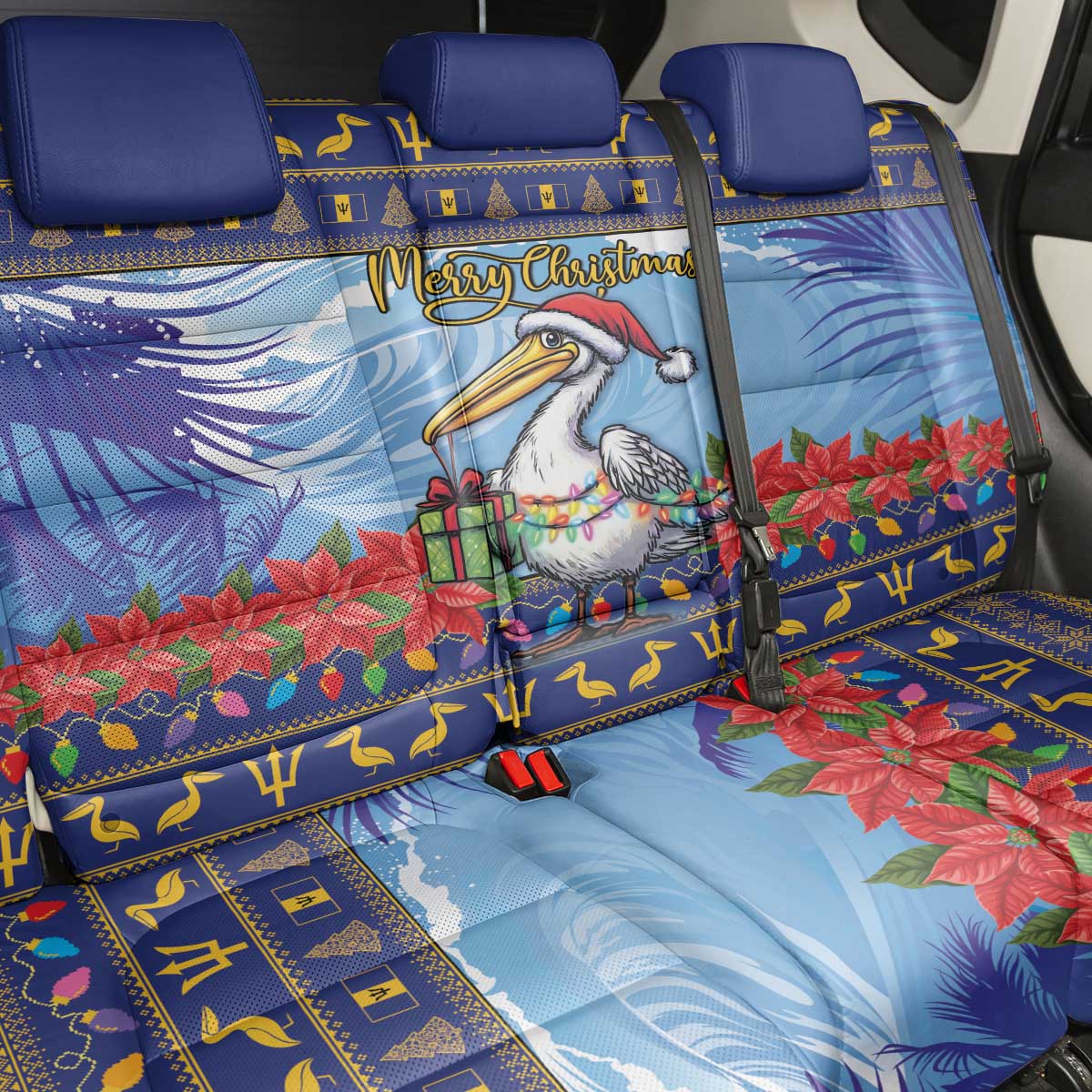 Barbados Christmas Back Car Seat Cover Pelican With Poinsettia - Wonder Print Shop