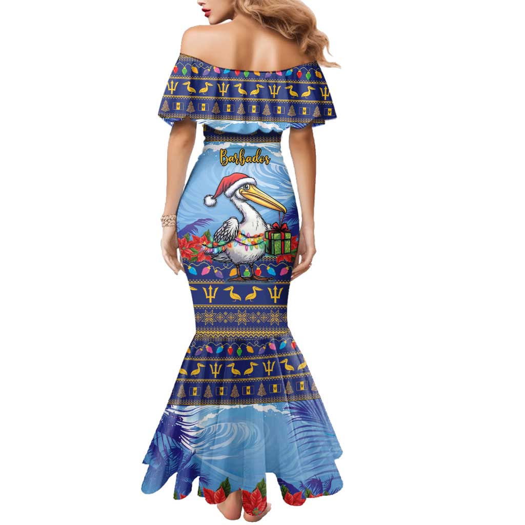 Barbados Christmas Family Matching Mermaid Dress and Hawaiian Shirt Pelican With Poinsettia - Wonder Print Shop
