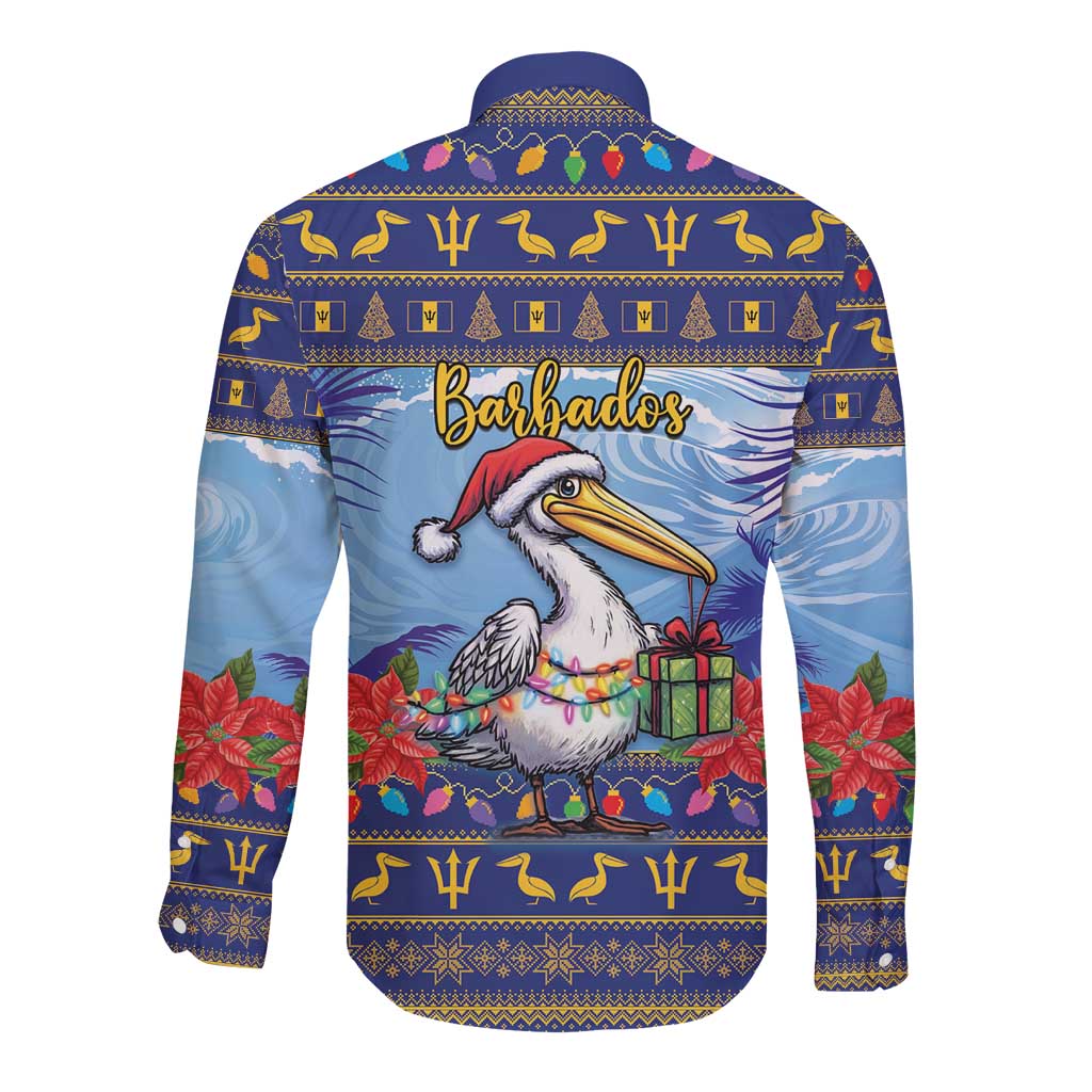 Barbados Christmas Long Sleeve Button Shirt Pelican With Poinsettia - Wonder Print Shop