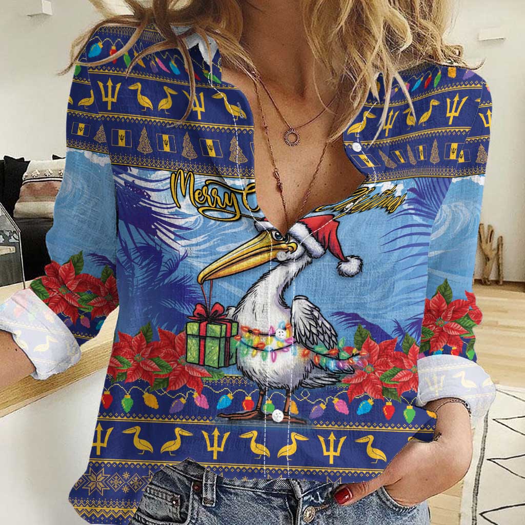 Barbados Christmas Women Casual Shirt Pelican With Poinsettia - Wonder Print Shop
