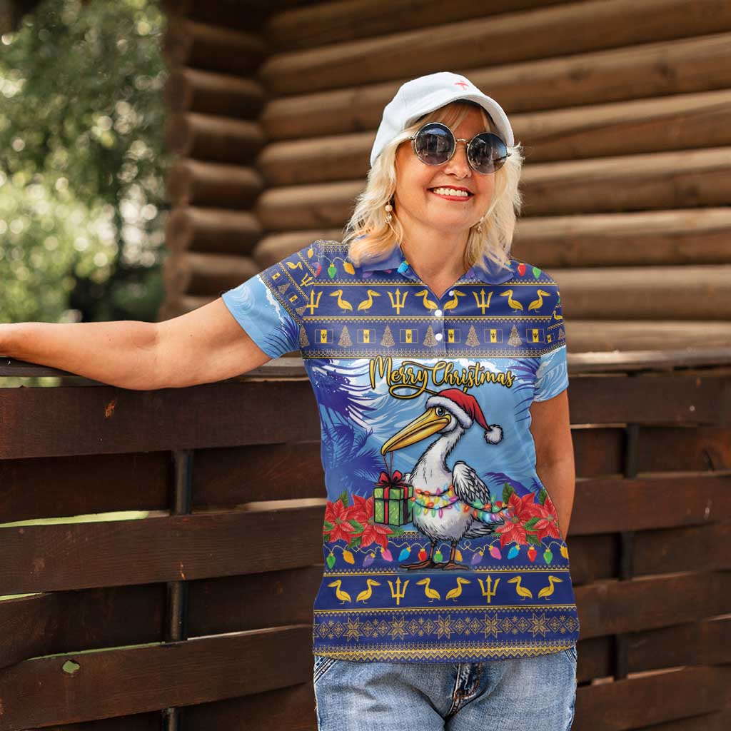 Barbados Christmas Women Polo Shirt Pelican With Poinsettia - Wonder Print Shop