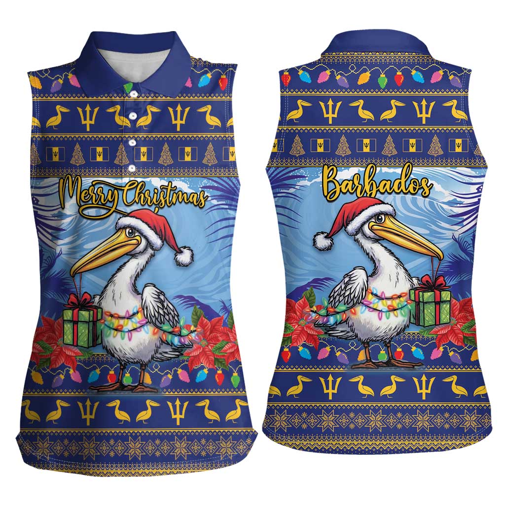 Barbados Christmas Women Sleeveless Polo Shirt Pelican With Poinsettia - Wonder Print Shop