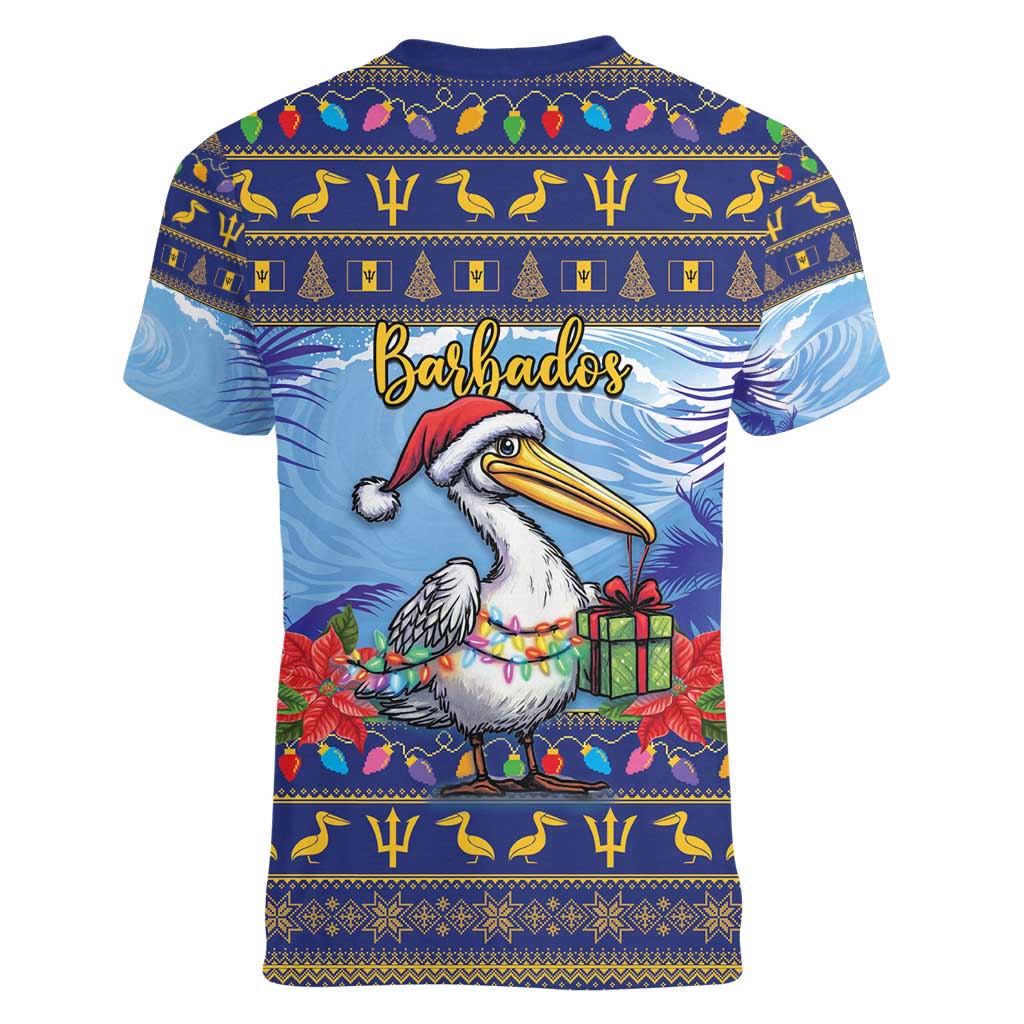 Barbados Christmas Women V-Neck T-Shirt Pelican With Poinsettia - Wonder Print Shop