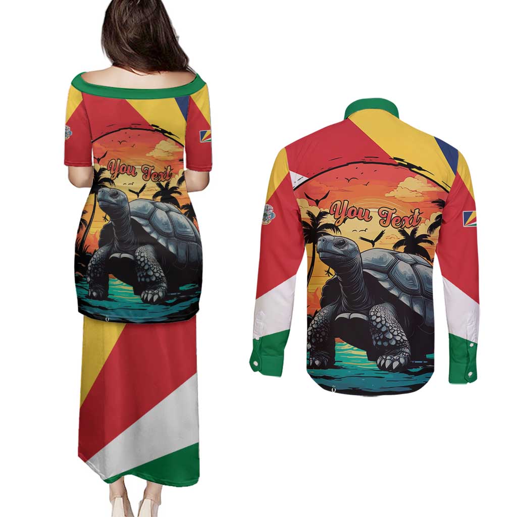 Personalised Seychelles Aldabra Giant Tortoise Couples Matching Puletasi and Long Sleeve Button Shirt Beach Sunset - Wonder Print Shop