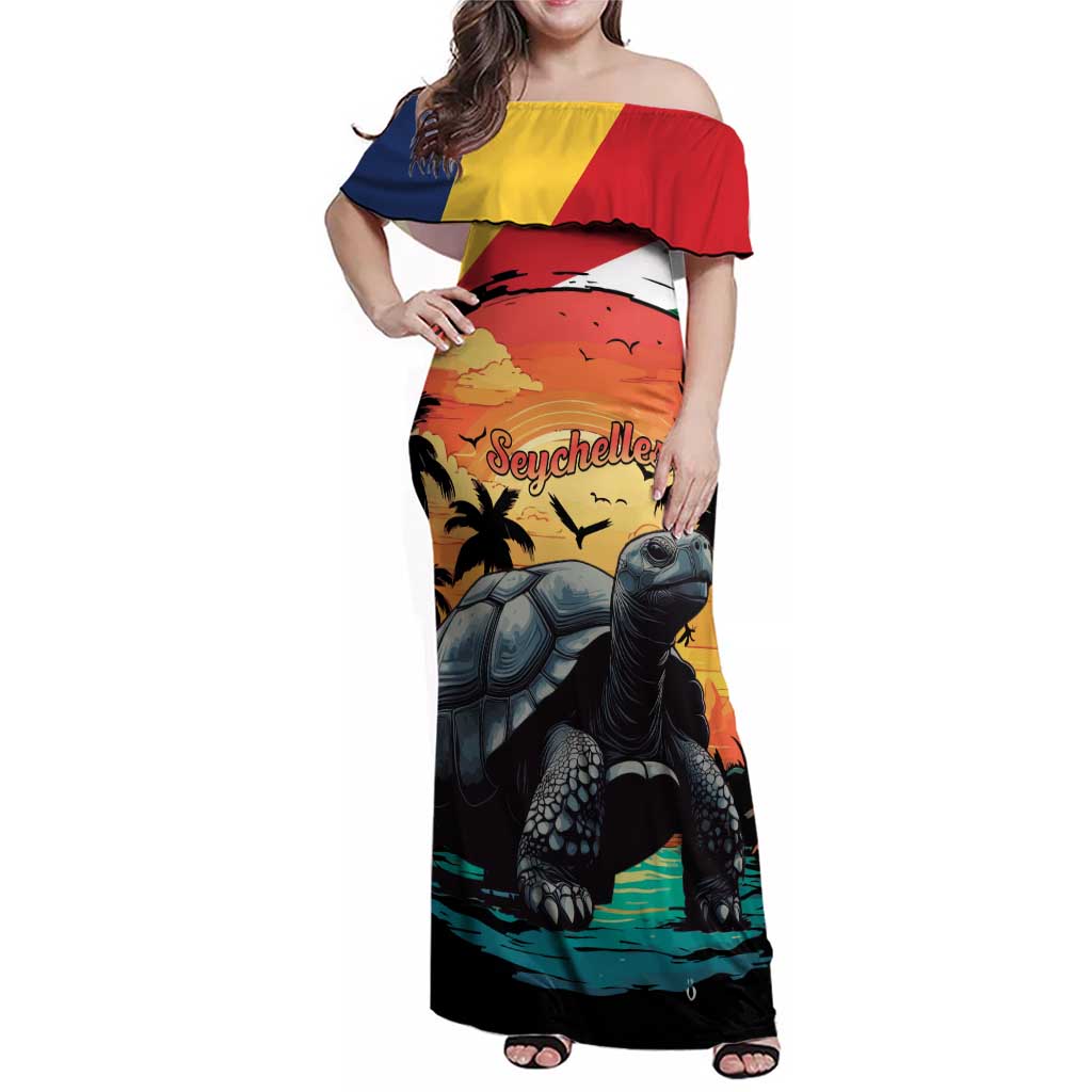 Personalised Seychelles Aldabra Giant Tortoise Family Matching Off Shoulder Maxi Dress and Hawaiian Shirt Beach Sunset - Wonder Print Shop