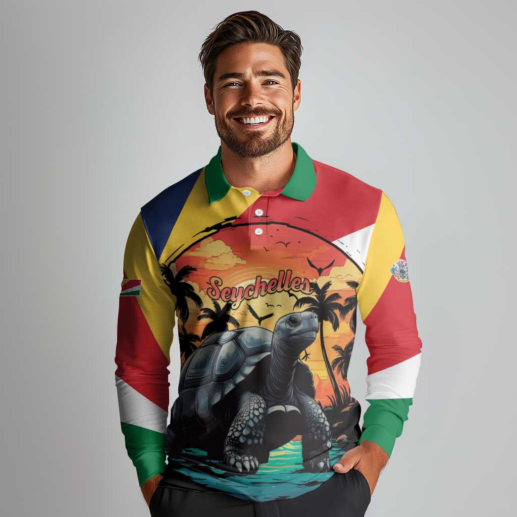 Personalised Seychelles Aldabra Giant Tortoise Long Sleeve Polo Shirt Beach Sunset - Wonder Print Shop