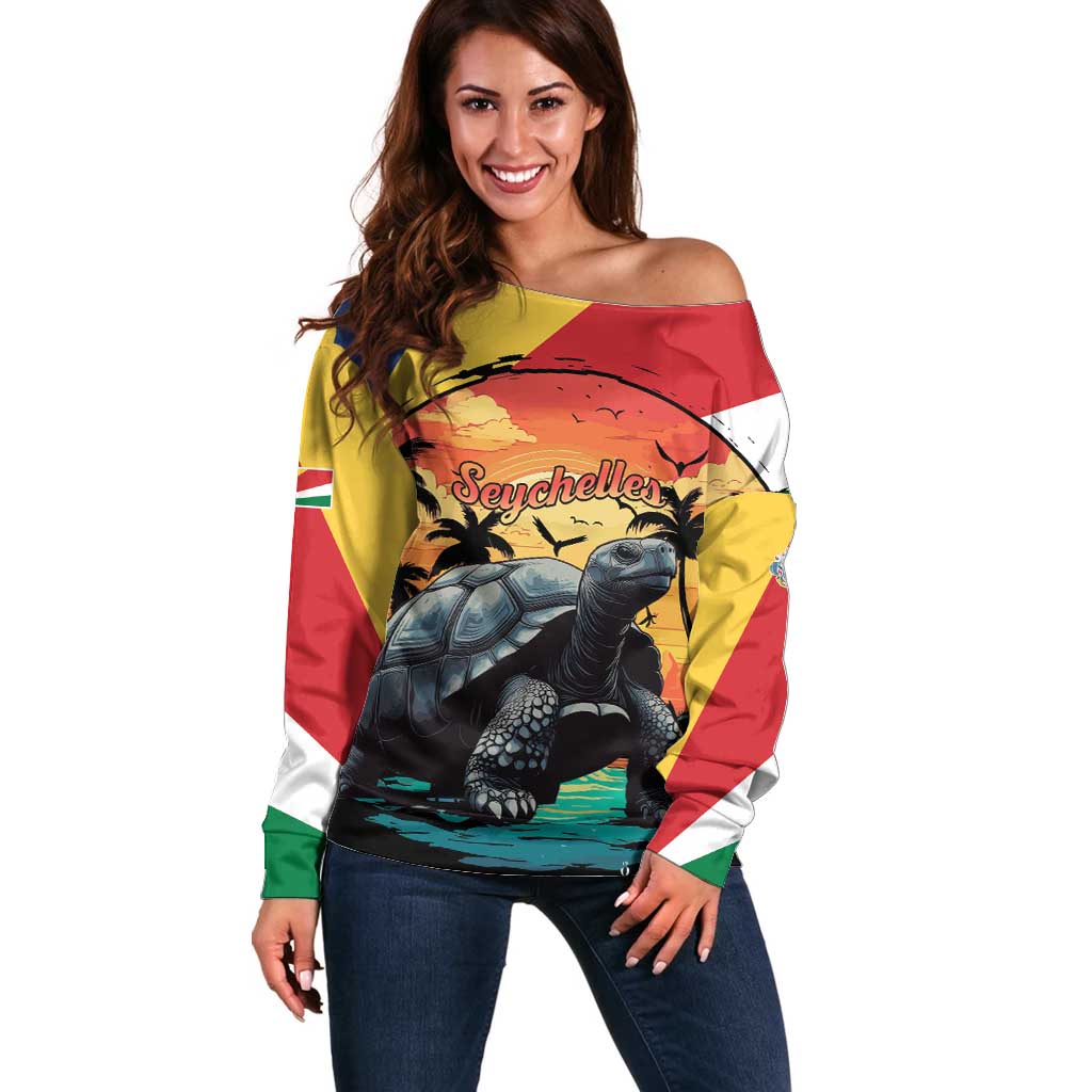 Personalised Seychelles Aldabra Giant Tortoise Off Shoulder Sweater Beach Sunset - Wonder Print Shop
