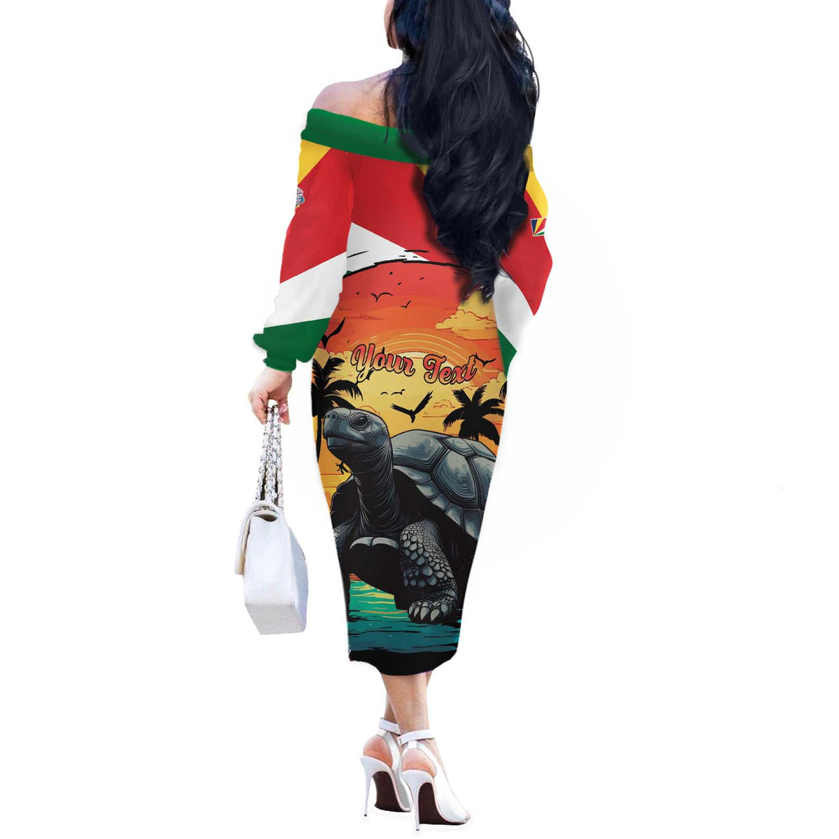 Personalised Seychelles Aldabra Giant Tortoise Off The Shoulder Long Sleeve Dress Beach Sunset - Wonder Print Shop